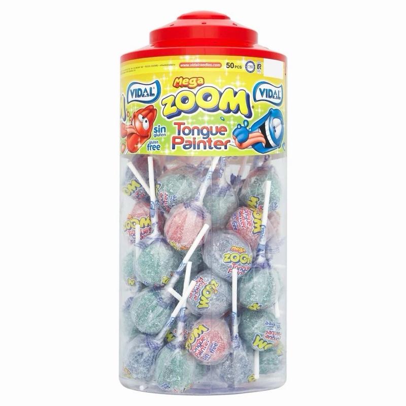 Large Sour Lollies | Sour Zoom Blue Red Green Tongue Painter Lollypop Tub | Halal Sweet Snack by Vidal | Choose between 50/25/10 pieces