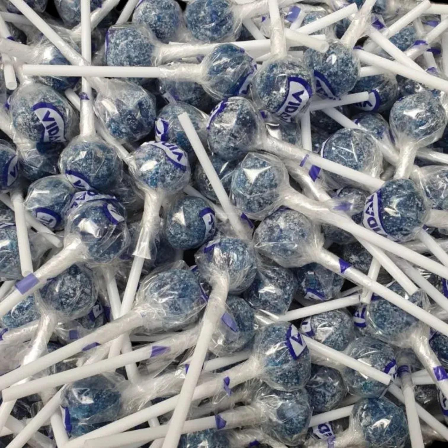 Blue Lollies | Sour Blue Raspberry Tongue Painter Lollypop Tub | Halal Sweet Snack by Vidal | Choose between 150/75/36 pieces