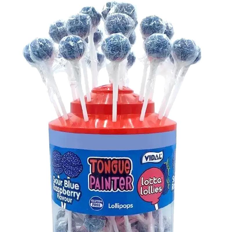 Blue Lollies | Sour Blue Raspberry Tongue Painter Lollypop Tub | Halal Sweet Snack by Vidal | Choose between 150/75/36 pieces