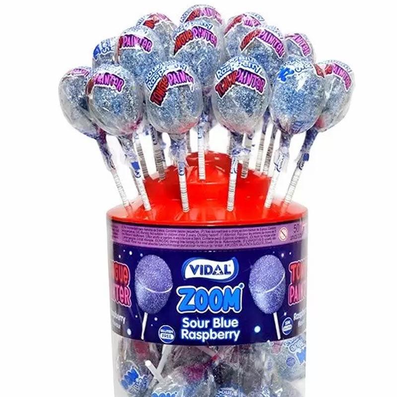 Large Blue Lollies | Sour Zoom Blue Raspberry Tongue Painter Lollypop Tub | Halal Sweet Snack by Vidal | Choose between 50/25/10 pieces