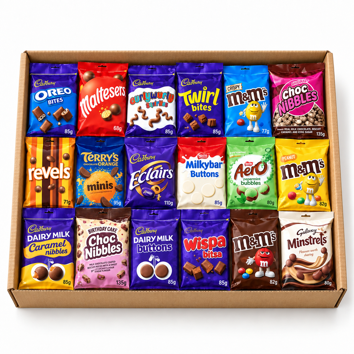 Illustration of 18 Piece Chocolate Bag Gift Box with 18 sealed retail packs in a kraft box