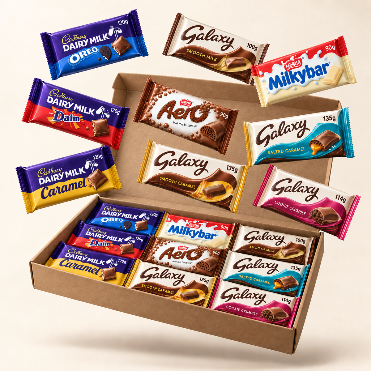 Illustration of 18 sharing chocolate bars in a kraft gift box
