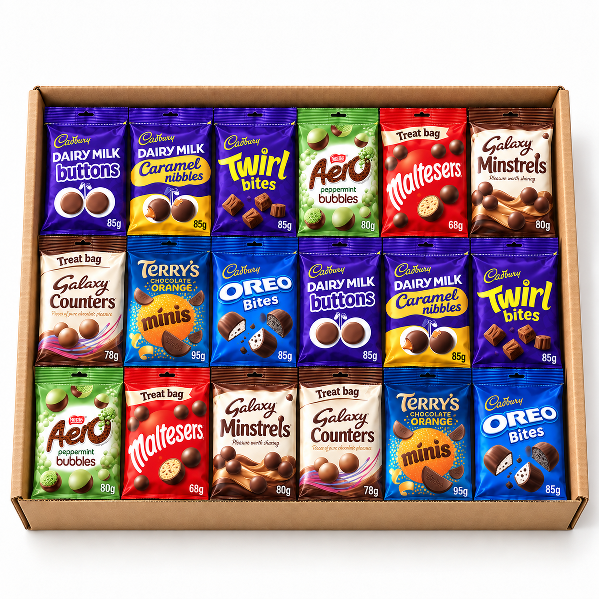 18 sealed chocolate bags in an open kraft gift box – Best Friend Chocolate Bag Catch-Up Box – 18 Chocolate Bags