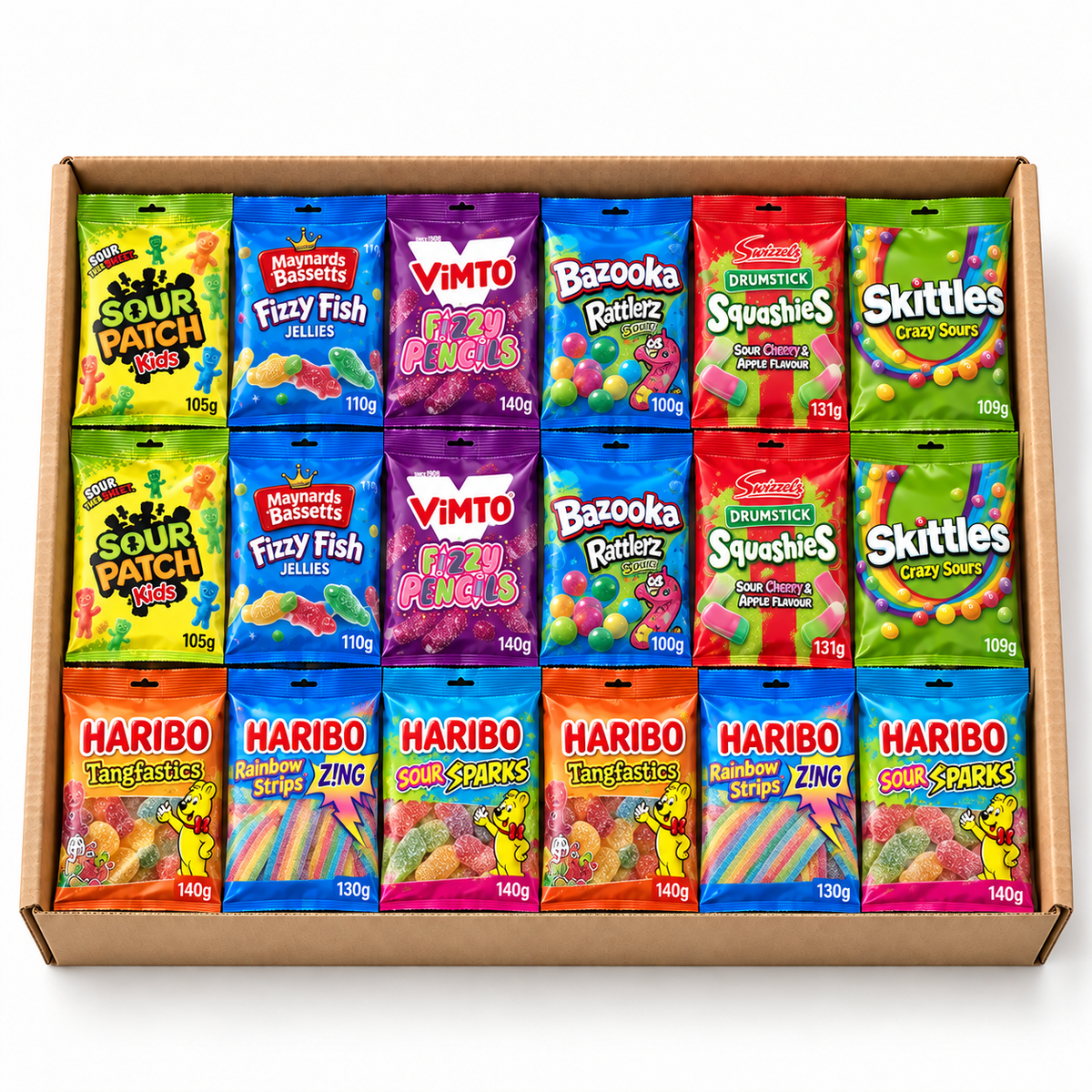 Illustration of Teen Sour Sweet Bag Box with 18 sealed retail packs in a kraft box