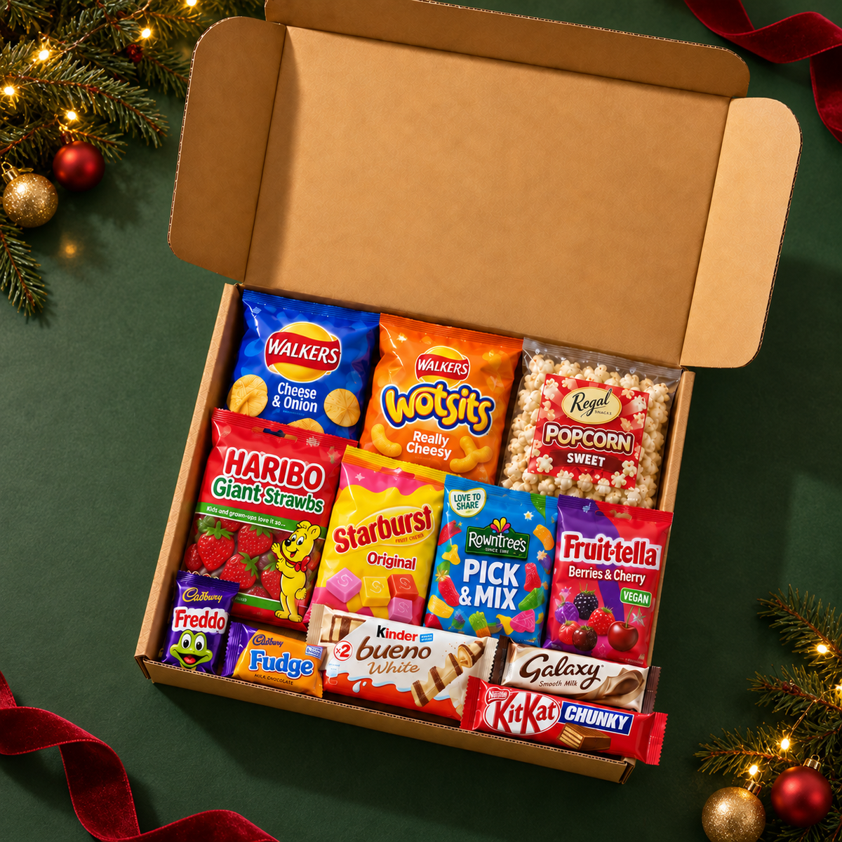 Christmas Eve Treat Box for Kids with 12 sealed snacks in an open kraft box on a festive green background