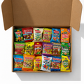 Illustration of 18 Piece Sweet Bag Snack Box with 18 sealed retail packs in a kraft box