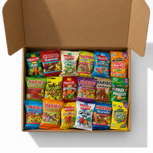 Illustration of 18 Piece Sweet Bag Snack Box with 18 sealed retail packs in a kraft box
