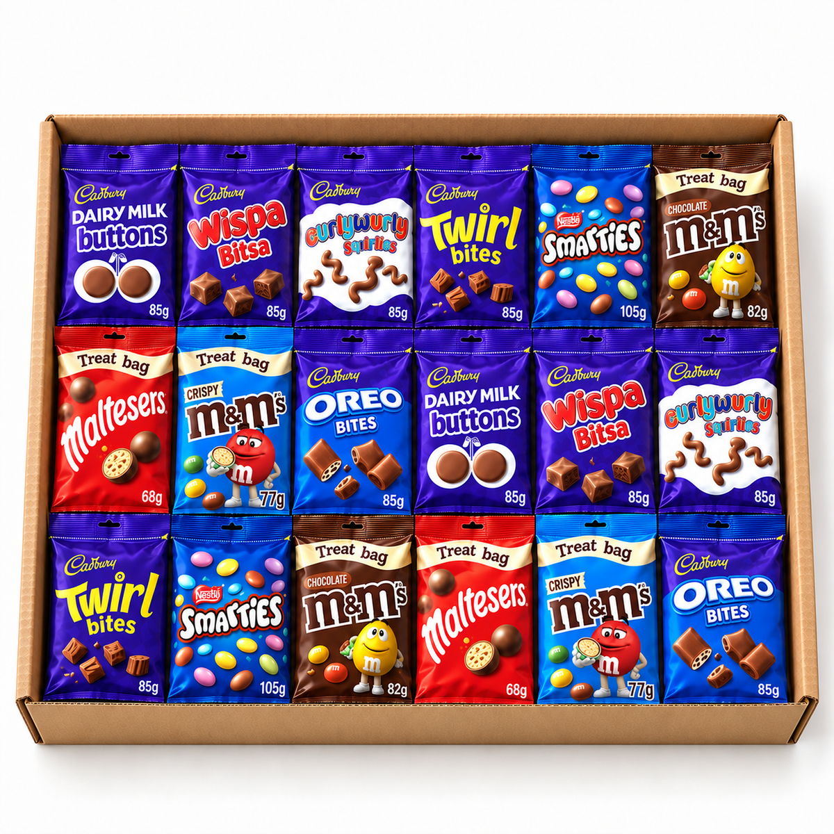 18 sealed chocolate bags in an open kraft gift box – Teen Christmas Chocolate Bag Mix – 18 Chocolate Bags