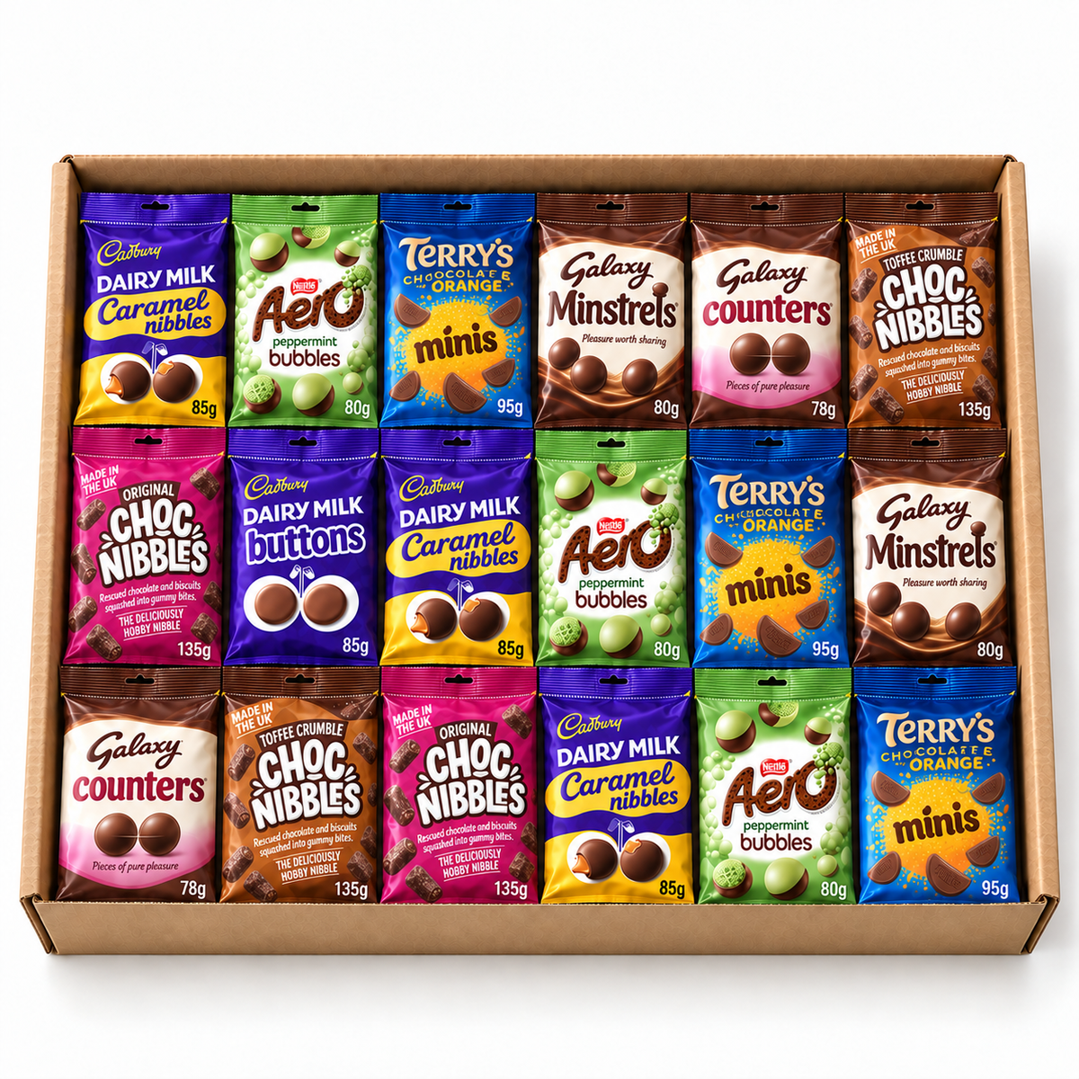 18 sealed chocolate bags in an open kraft gift box – Grandparents’ Christmas Chocolate Bag Selection – 18 Chocolate Bags