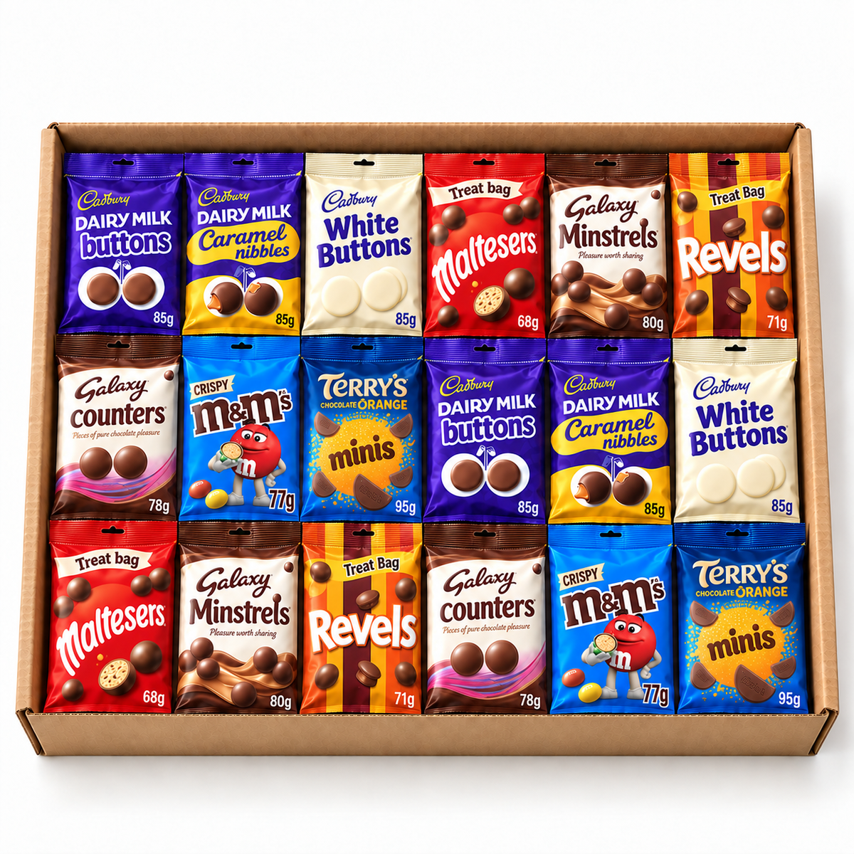 18 sealed chocolate bags in an open kraft gift box – Colleague Secret Santa Chocolate Bags – 18 Chocolate Bags
