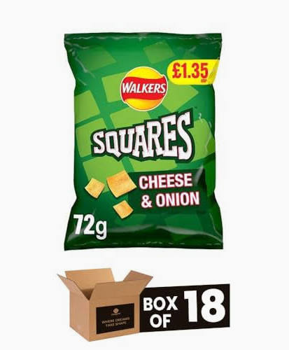 Walkers Squares Cheese & Onion Crisps - Box of 18 x 72g Bags product image