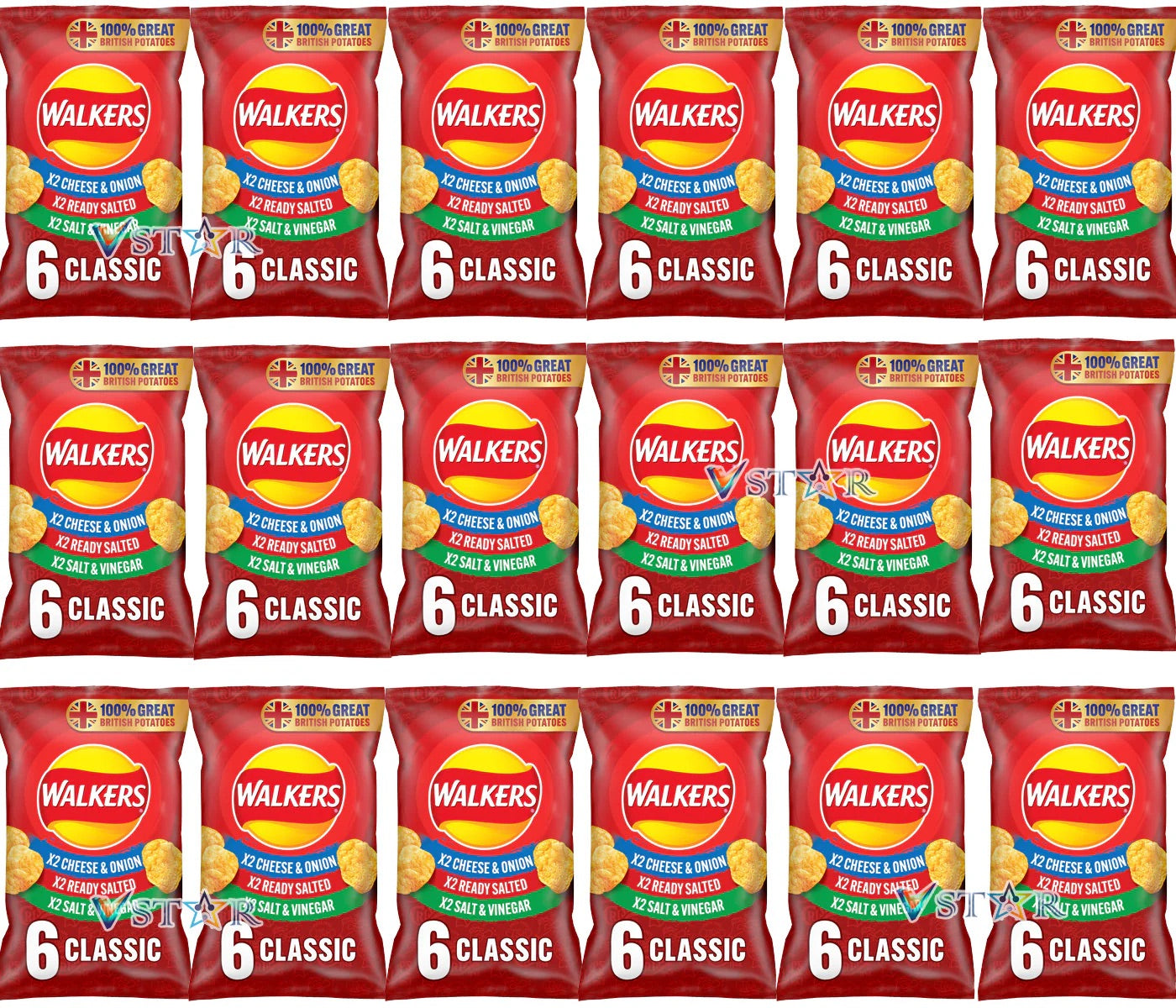 Walkers Variety Crisps 6 Pack 2 Ready Salted, 2 Cheese & Onion, 2 Salt & Vinegar - Box of 18 x 150g product image