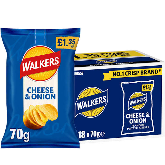 Walkers Cheese & Onion Crisps £1.35 PMP - Box of 18 x 70g Bags product image