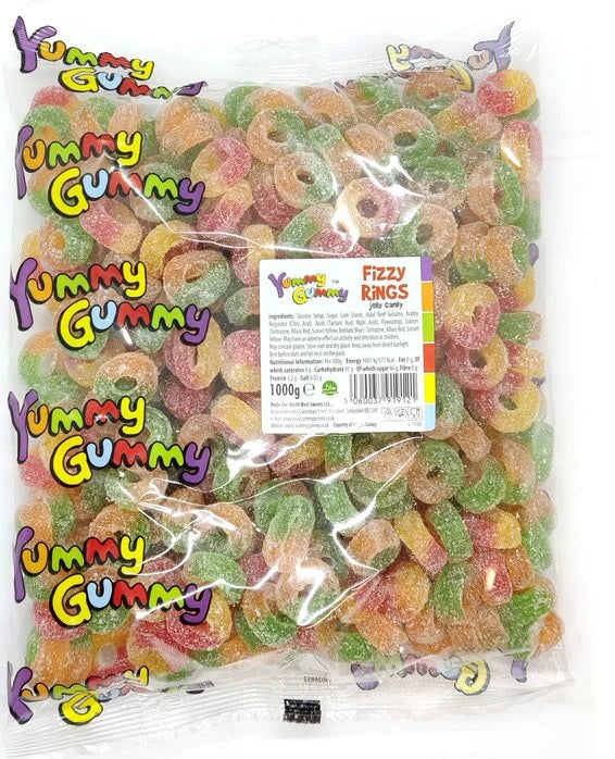 Yummy Gummy Fizzy Mix Rings weigh-out Sweets - Box of 1 x 1000g Bags product image