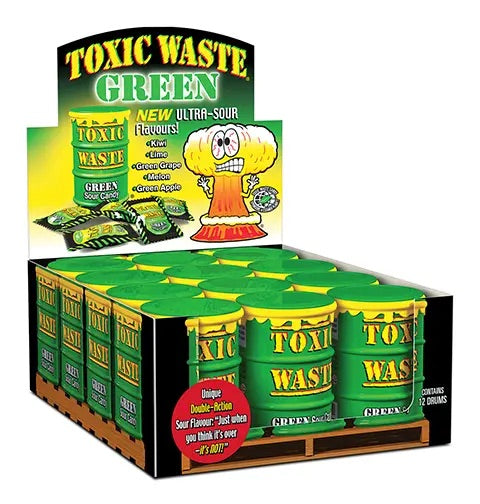 Toxic Waste Green Sour Candy Drums Sweets - Box of 12 x 42g Bags product image