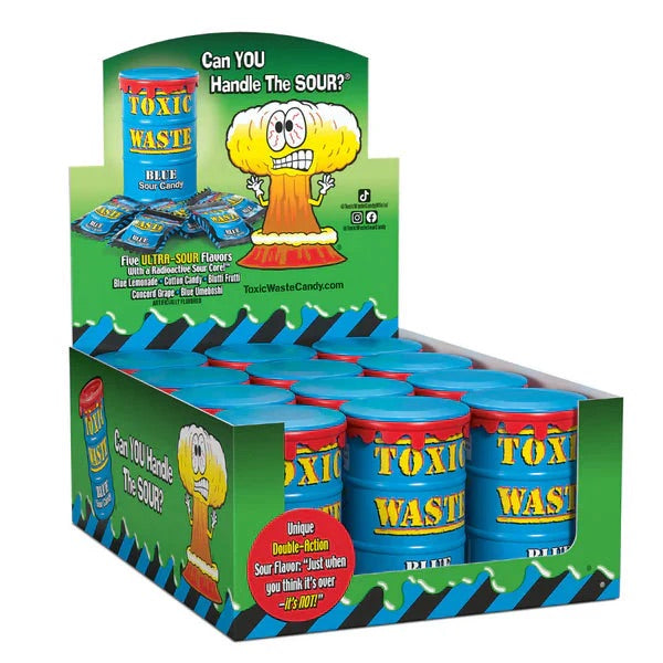 Toxic Waste Blue Sour Candy Drums Sweets - Box of 12 x 42g Bags product image