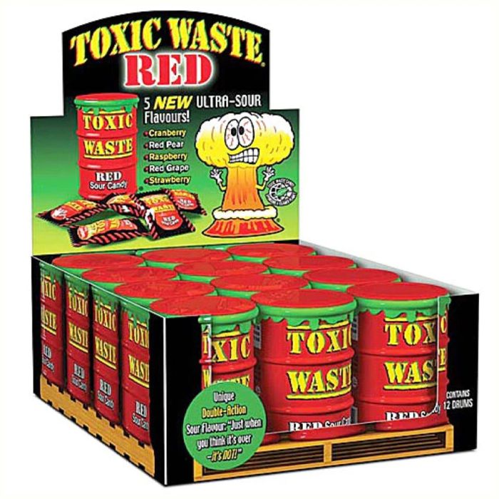 Toxic Waste Red Sour Candy Drums Sweets - Box of 12 x 42g Bags product image