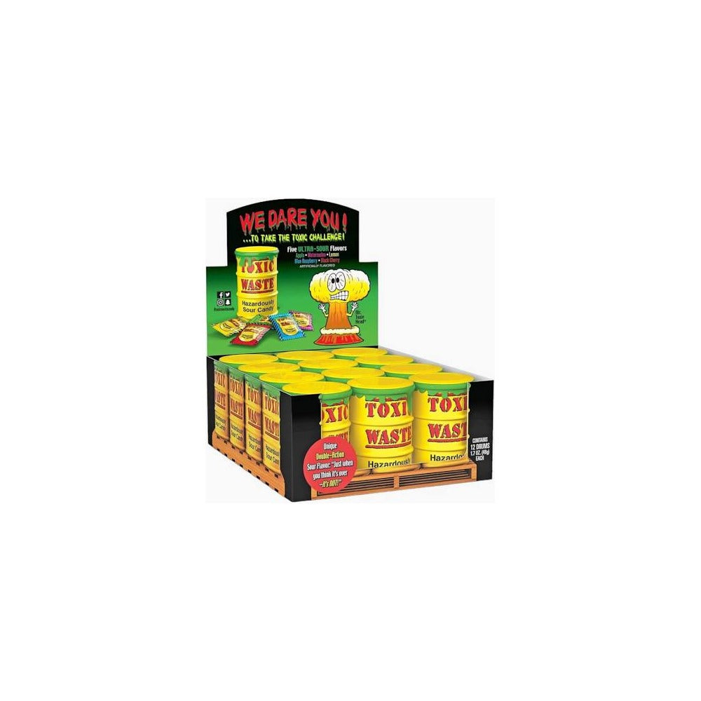 Toxic Waste Yellow Sour Candy Drums Sweets - Box of 12 x 42g Bags product image