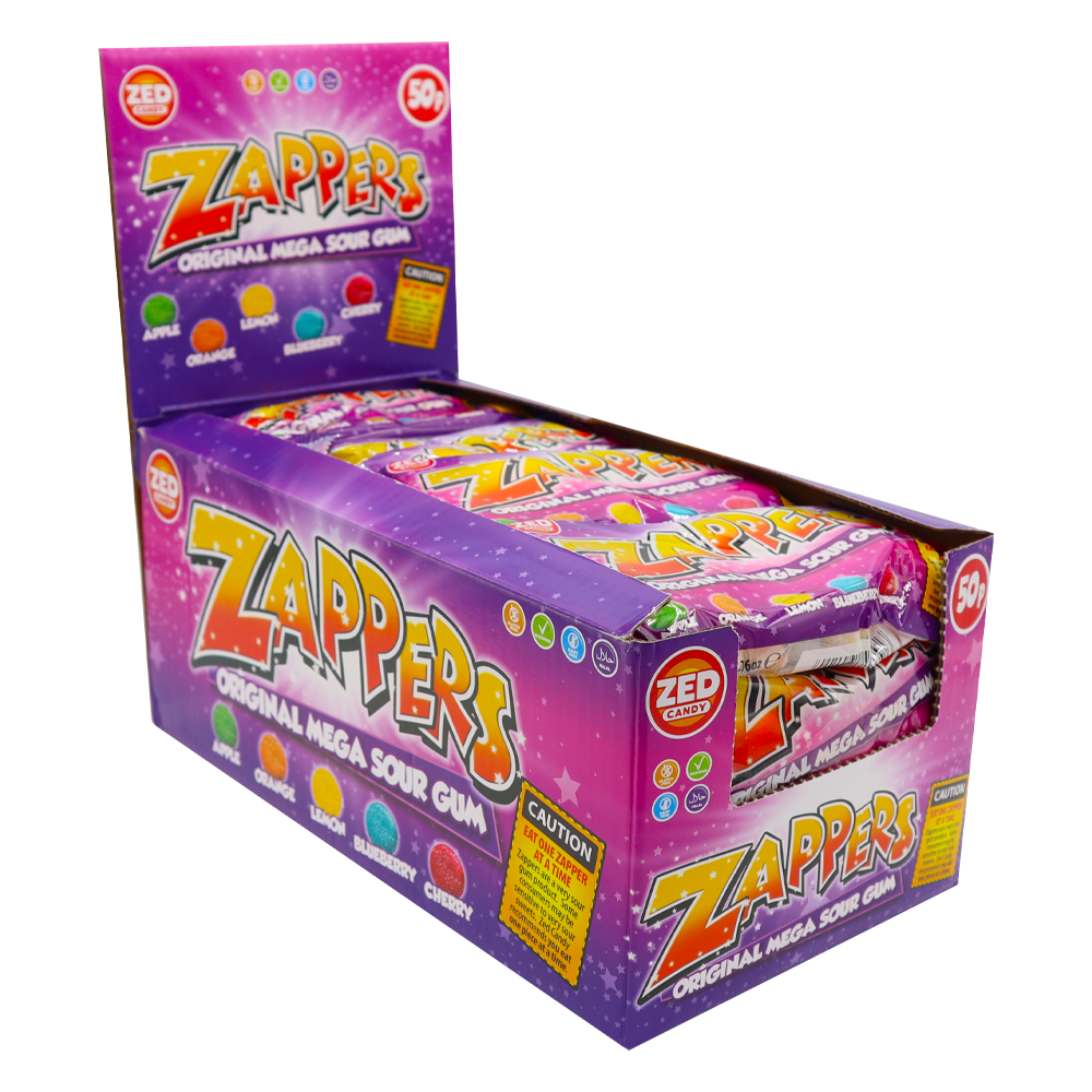 Zed Candy Zappers Original Mega Sour Gum display box of 24 x 50g bags