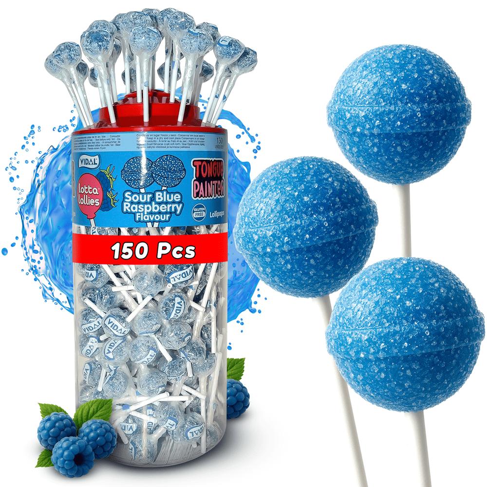 Blue Lollies | Sour Blue Raspberry Tongue Painter Lollypop Tub | Halal Sweet Snack by Vidal | Choose between 150/75/36 pieces