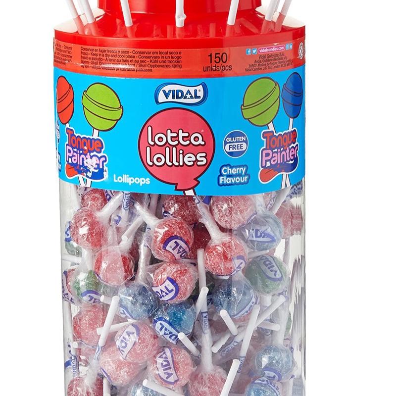 Mixed Lollies | Sour Tongue Painter Lollypop Tub | Red Green Blue Colours | Halal Sweet Snack by Vidal | Choose between 150/75/36 pieces