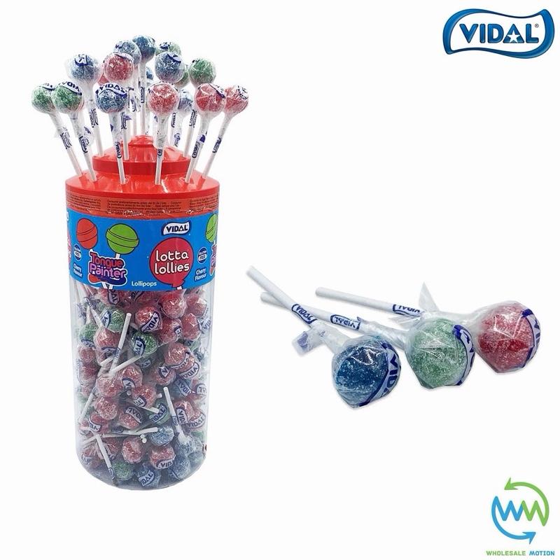 Mixed Lollies | Sour Tongue Painter Lollypop Tub | Red Green Blue Colours | Halal Sweet Snack by Vidal | Choose between 150/75/36 pieces