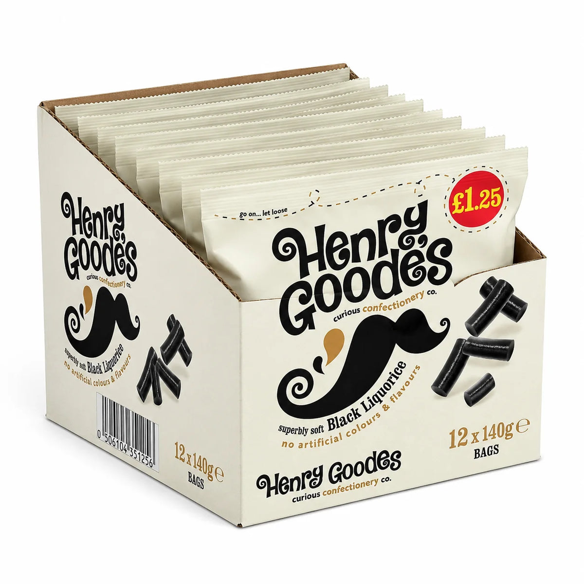 Henry Goode’s Black Liquorice supplier display carton of 12 × 140g bags