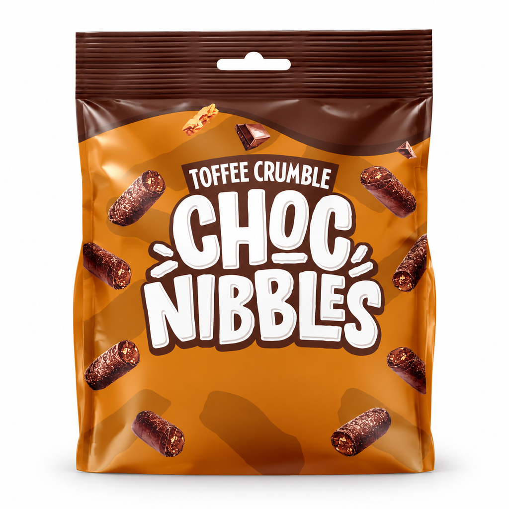 Choc Nibbles Choc Nibbles Toffee Crumble 12 bags PMP 1.00 — retail pack product image