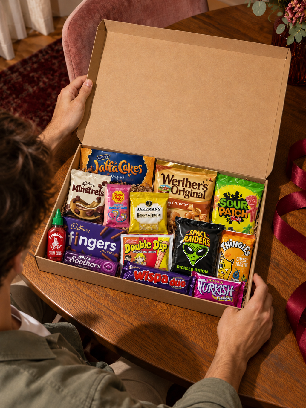 Example HRS Snack Club selection in an open gift box on a dining table. Products and pack sizes vary.