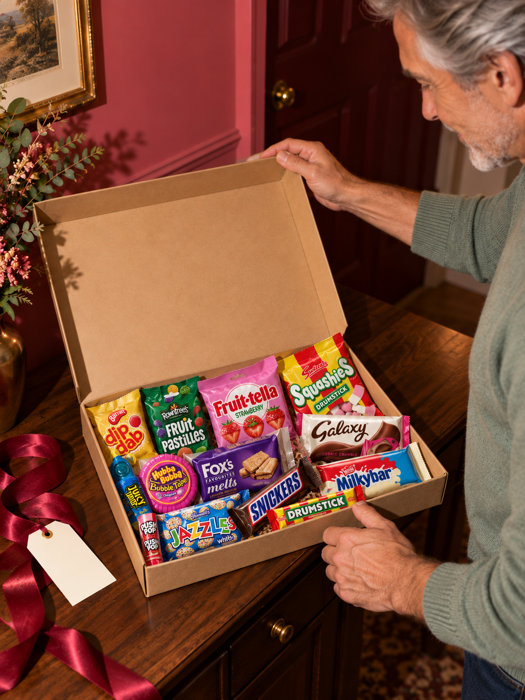An example HRS Snack Club gift box opened at home with assorted sweets and chocolate. Products and pack sizes vary.