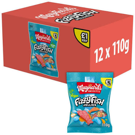 Maynards Bassetts Fizzy Fish Jellies Sweets - Box of 12 x 110g Bags — wholesale case