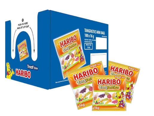 Haribo Tangfastics Mini Bags Sweets - Box of 100 x 16g Bags — wholesale case