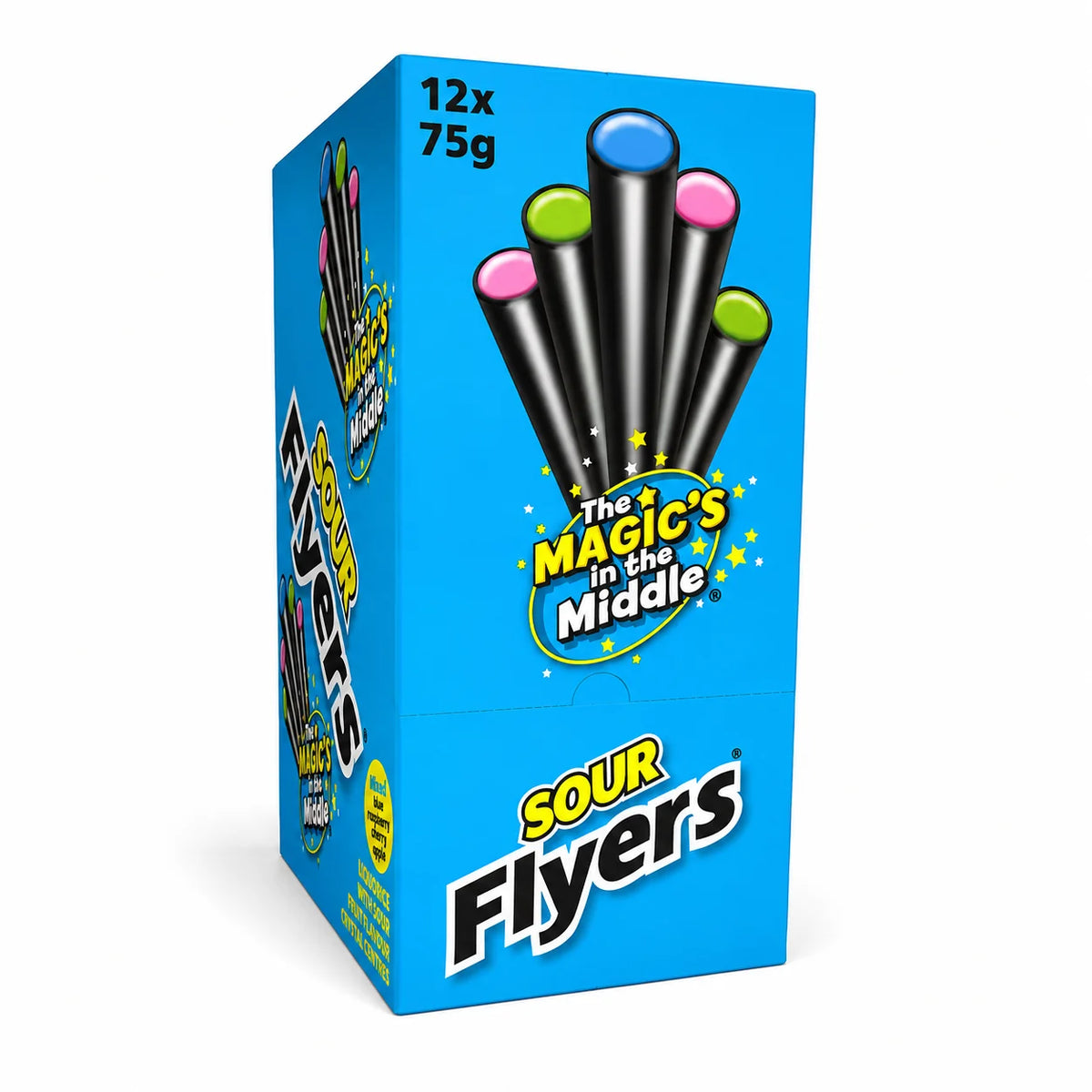 Stockley’s Sour Flyers display carton containing 12 × 75g packs